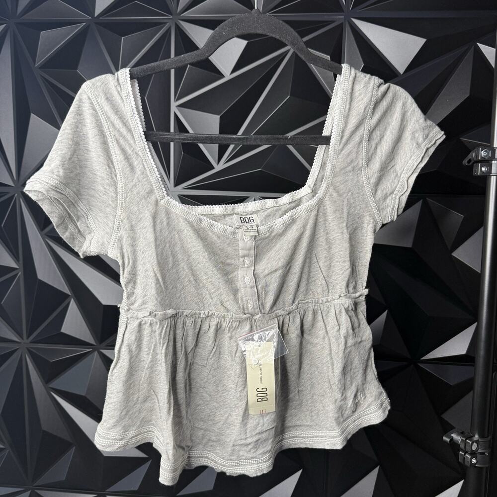 BDG Square Neck Henley Babydoll Tee Gray L